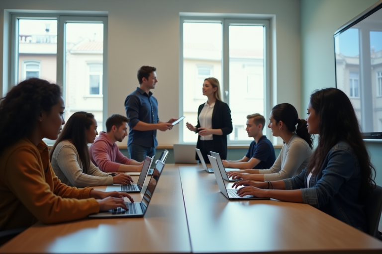Salle de classe moderne avec élèves utilisant tablettes et ordinateur