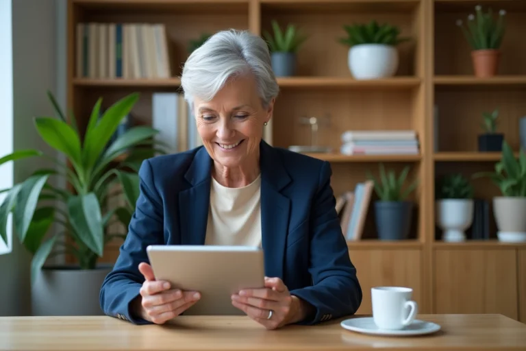 Femme senior élégante découvrant les nouvelles technologies sur une tablette dans un bureau moderne en 2024
