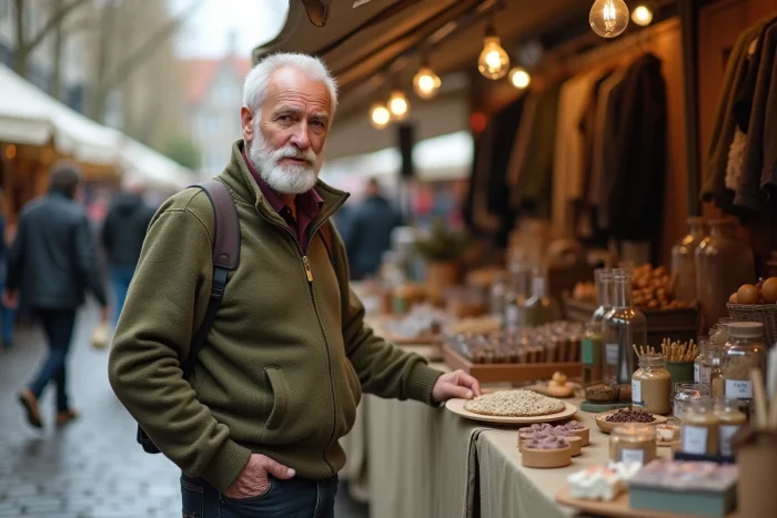 Senior homme actif explorant des nouveautés bien-être dans un marché urbain en plein air en automne 2024