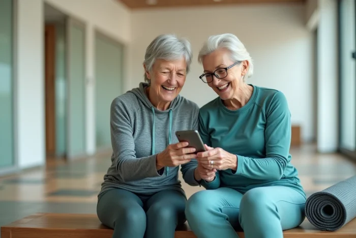 Deux femmes seniors complices découvrant ensemble les tendances fitness et bien-être dans un centre de remise en forme moderne en 2024