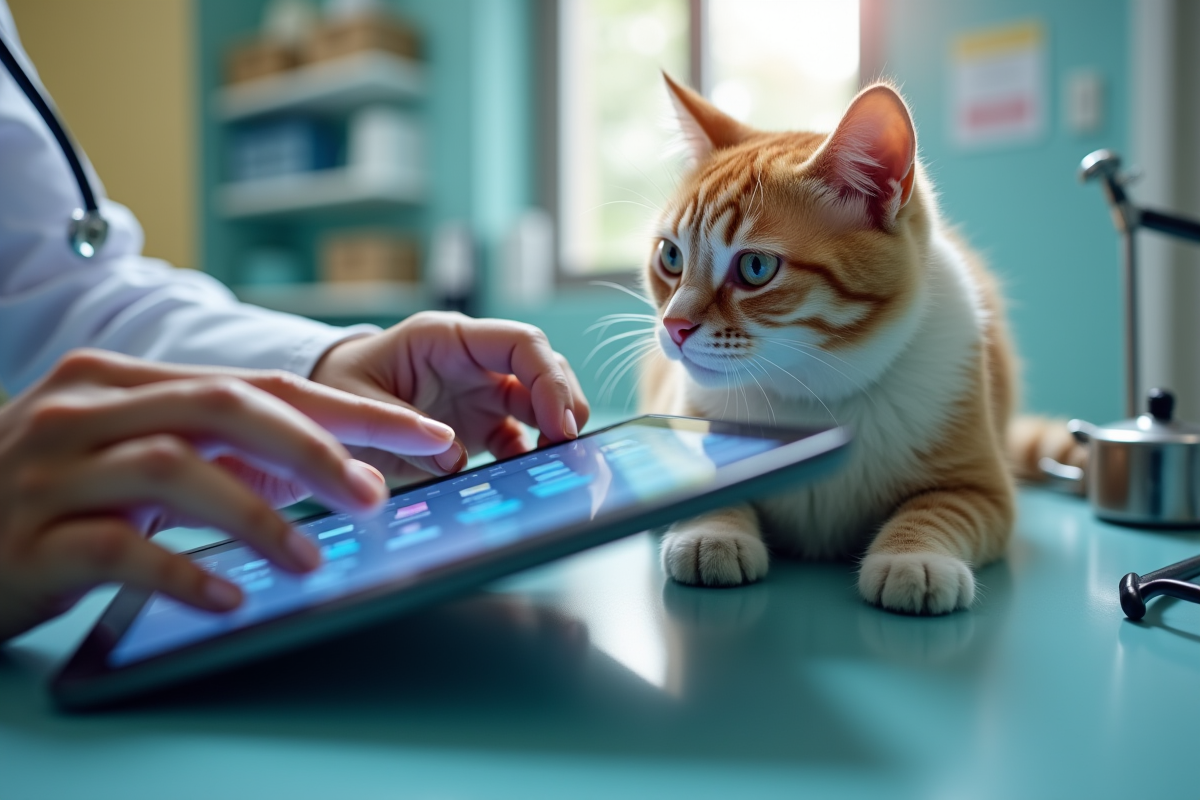Vétérinaire saisissant des données sur une tablette avec un chat