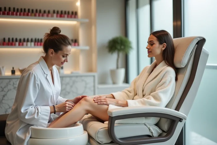 Femme en peignoir blanc se relaxant lors d'un soin pédicure dans un salon de spa moderne et élégant