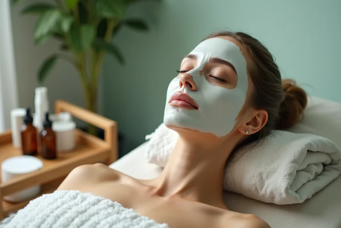 Femme recevant un soin du visage au masque argileux dans une cabine esthétique aux tons naturels et apaisants