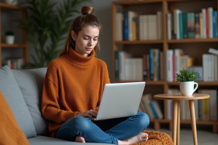 Spécialiste en marketing digital travaillant sur un rapport de performance web depuis son bureau à domicile