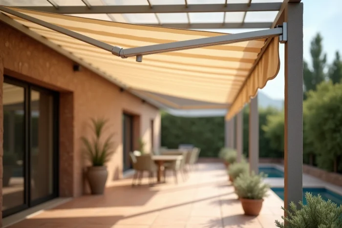 Store extérieur à projection déployé sur la toiture d'une pergola polycarbonate