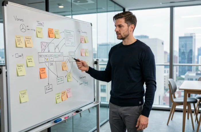 Homme en startup planifiant une stratégie de présence en ligne avec des wireframes et diagrammes marketing sur un tableau blanc