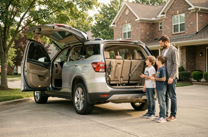 Famille découvrant les trois vraies places arrière d'un grand SUV 7 places garé dans une allée résidentielle