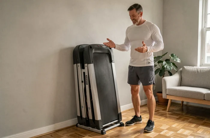 Homme présentant le tapis de course Sportstech F10 replié dans un appartement pour illustrer son gain de place
