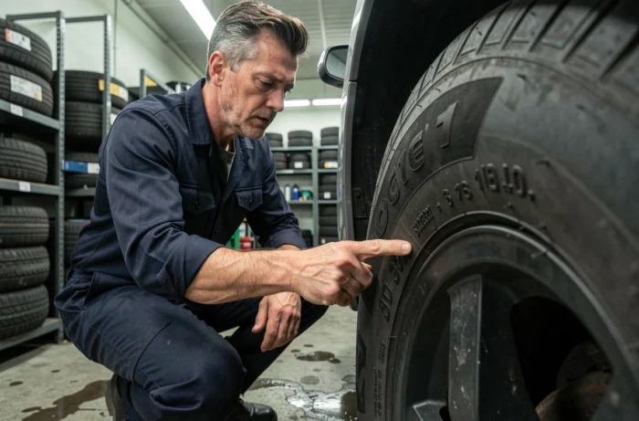 Technicien automobile inspectant les dimensions gravées sur le flanc d'un pneu dans un garage professionnel