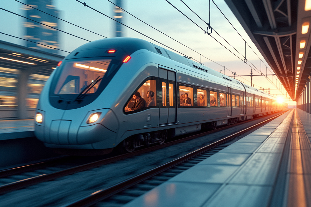 Train haute vitesse traversant une ville futuriste avec passagers connectés