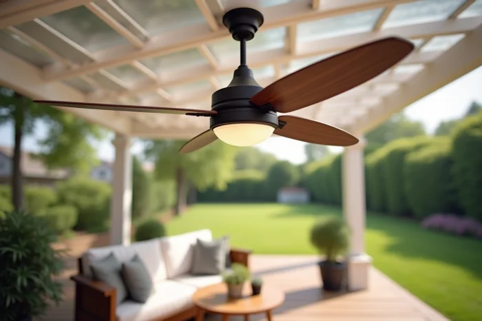 Ventilateur de plafond extérieur brassant l'air sous une pergola polycarbonate en été