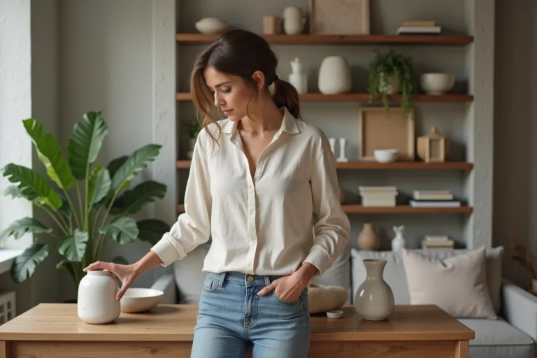 Femme arrangeant objets déco dans un salon contemporain